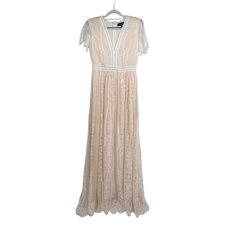 Aakaa Sheer Lace Maxi Dress Small White Peach Lined Boho Beach Cottagecore